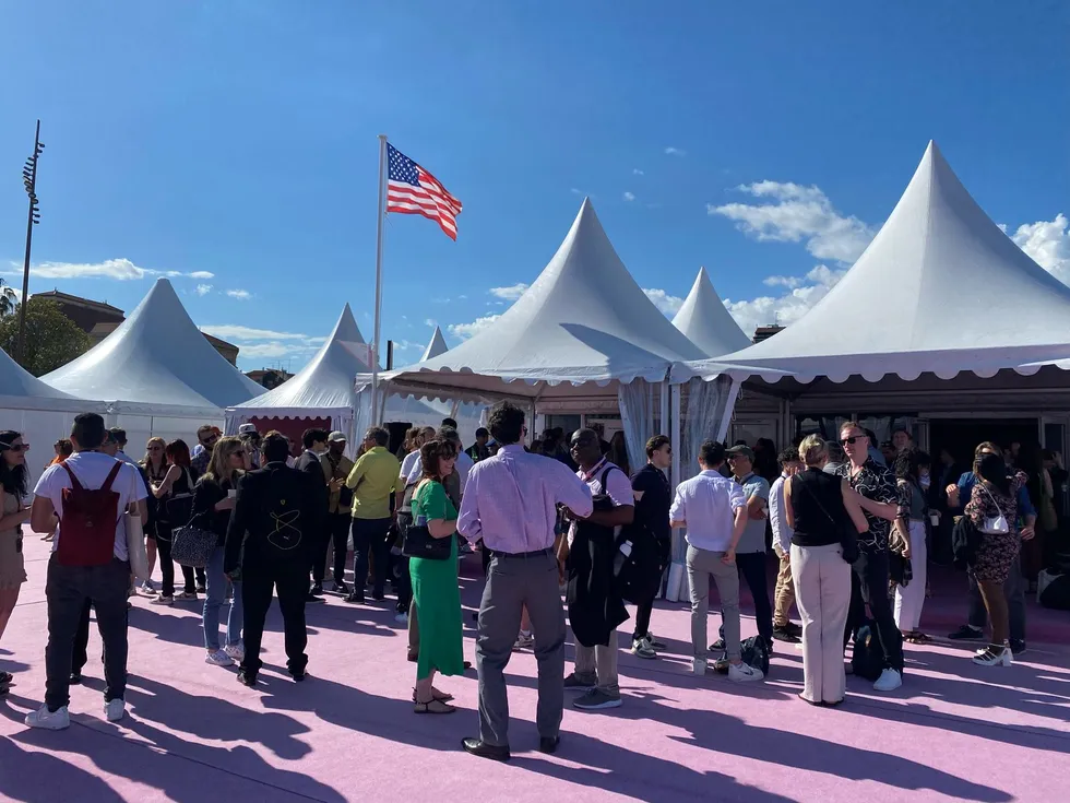 The flag over the village tents at the 2024 Marché du Film