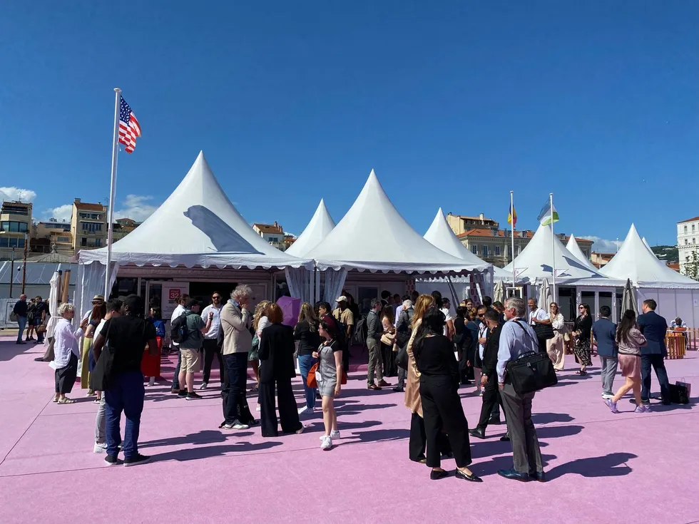 The FilmUSA crowd among the village tents on the Croisette
