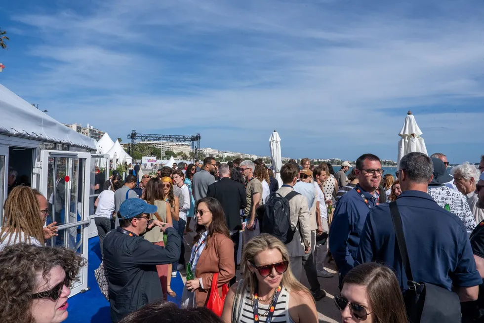 The crowded FilmUSA Pavilion terrace at the Marché du Film, Cannes 2026